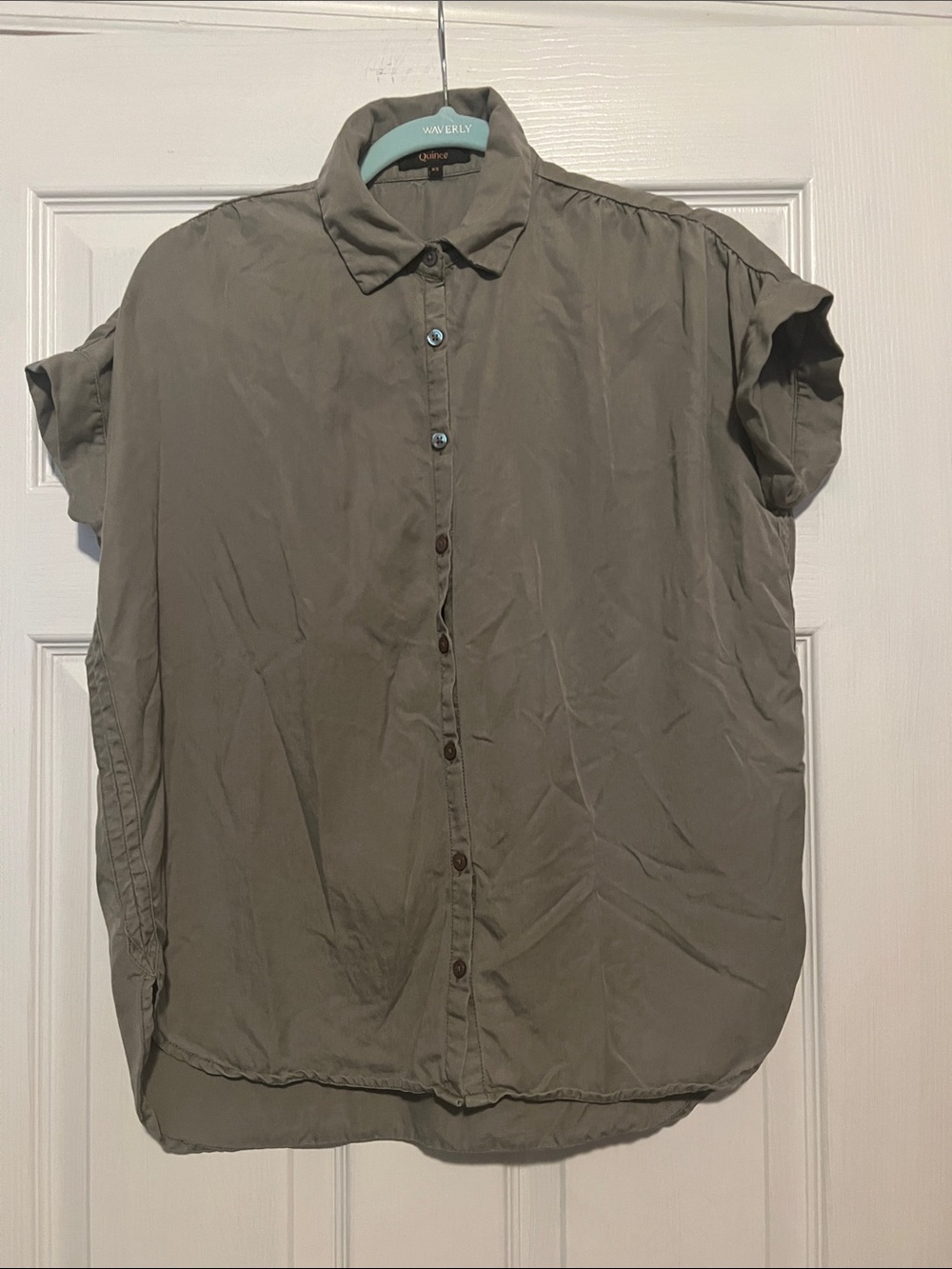 Quince Vintage Wash Tencel Camp Shirt short sleeve button down Olive Green
